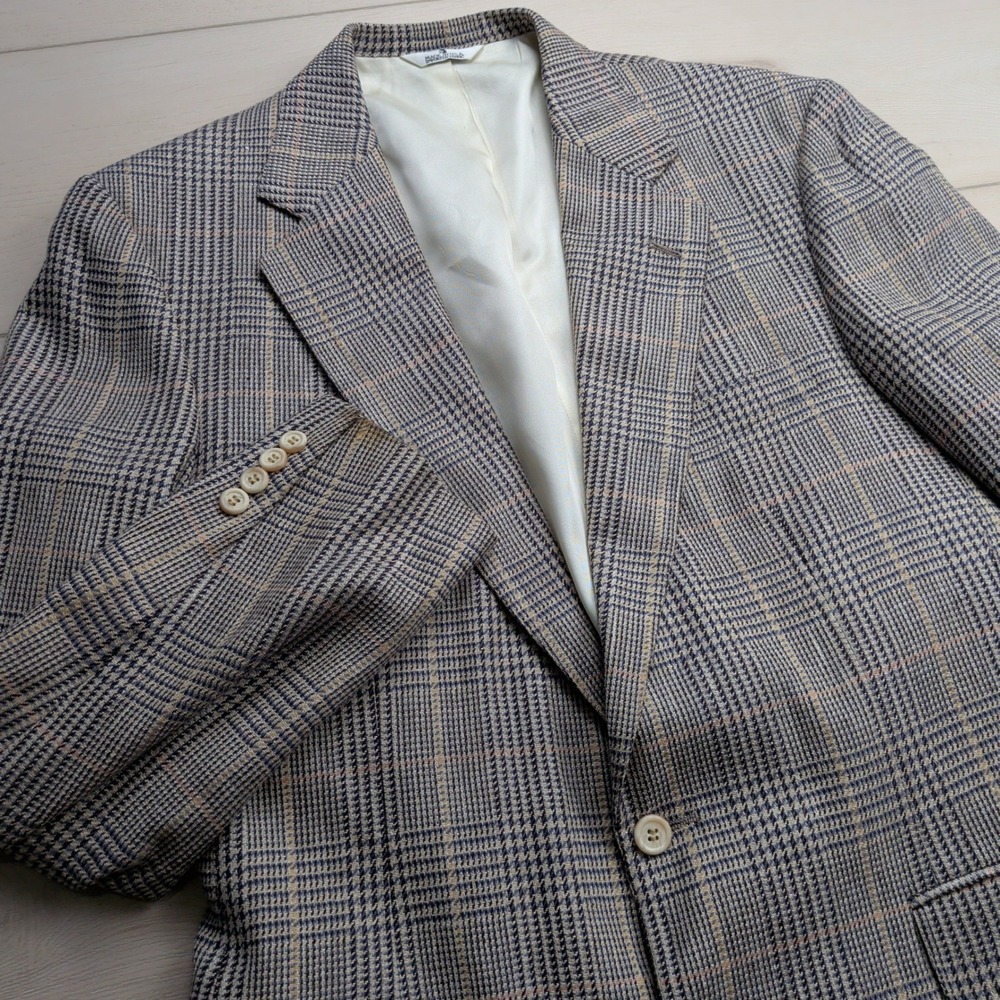 Vintage Polo University Club Ralph Lauren Mens 44R Glen Plaid Blazer Grey Tan